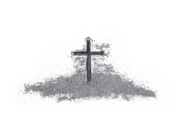 Christian Crucifix Drawing in Ash Isolated on White Background, Ash Wednesday Concept