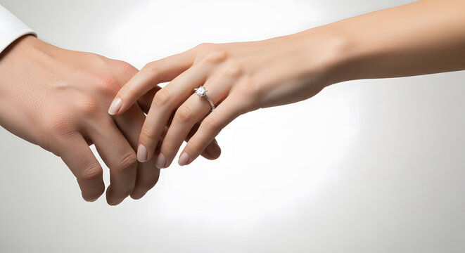 Man and woman hands touching gently, female wearing diamond enga