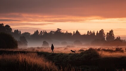 Fototapeta premium Person walks dog through misty landscape at sunrise with warm sky.