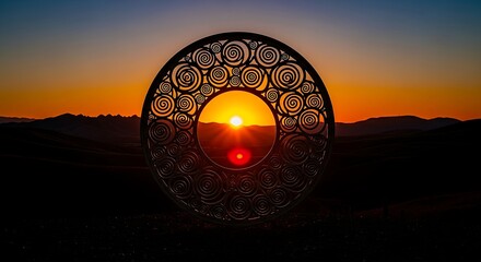 A large circular metal sculpture with intricate designs stands against a vibrant sunset backdrop with mountains in the distance at dusk