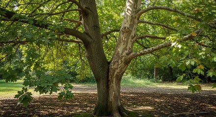 Fototapeta premium Sycamore tree branches intertwining in a sun-dappled park, representing unity and natural growth