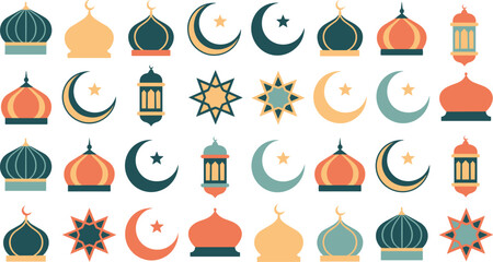 Islamic icon pattern design, crescent moons, mosque domes, lanterns, geometric stars, cultural symbols, teal orange gold red palette - flat vector illustration © salema khatun