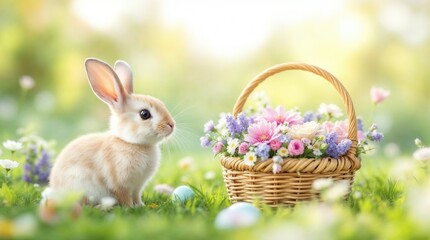 Little rabbit sitting in a spring meadow next to a flower basket. Easter bunny with colorful eggs and spring blossoms in a sunlit garden. Festive holiday background for greeting cards