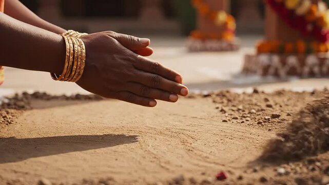A devotee's hands wearing traditional gold bangles perform a sacred ceremonial gesture over the prepared earth for the auspicious holika dahana ritual.
