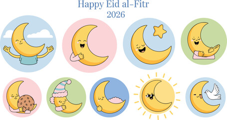 Happy Eid al-Fitr 2026 celebration, cartoon crescent moon characters, pillows, cookies, dove, sunglasses, joyful icons, festive layout - flat vector illustration