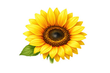 Fototapeta premium Sunflower blooming with yellow petals and green leaves, symbolizing summer, nature, and growth on transparent background