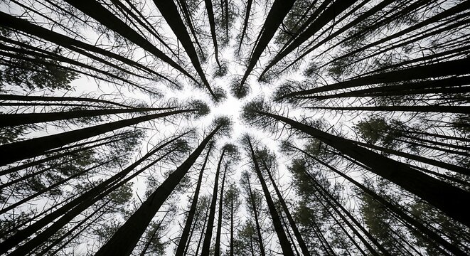 Looking up through the canopy of a dense forest with tall trees reaching towards a bright sky