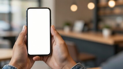 Smartphone mockup in hands at urban caf?. Vertical mobile screen template for app presentation