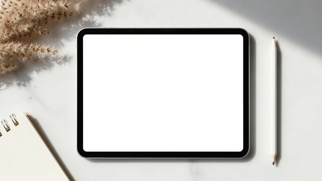Elegant tablet mockup on marble surface. iPad screen template with Apple Pencil for creatives