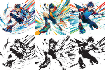 Vector set and silhouettes of energetic athletic anime characters on white background.