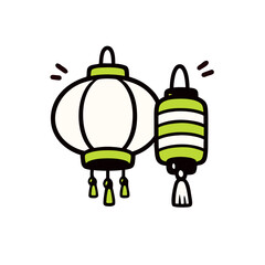 Obraz premium Two chinese lanterns in white, green, and black colors. Perfect for asianthemed designs, cultural celebrations, festive decorations, or event promotions.