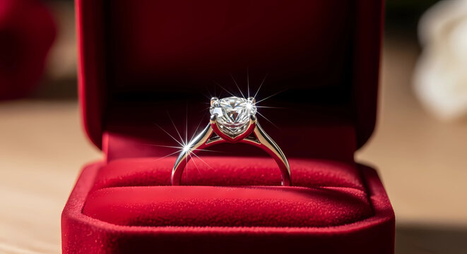 Macro close-up of diamond engagement ring in open red velvet box with sparkles