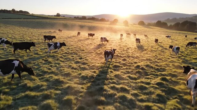 Herd of holstein cows grazing in a sunlit pasture at sunrise with long shadows
