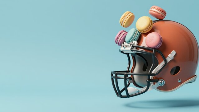 Leather football helmet filled with floating macarons on a saturated cyan backdrop, providing a commercial advertising aesthetic with a large sixty percent left-side space for trendy copy.