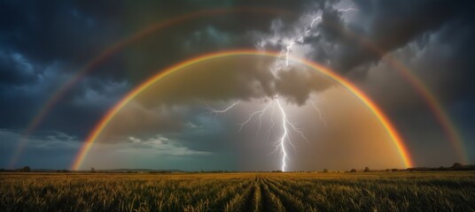 double rainbow and lightning storm over golden field at sunset