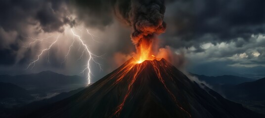 volcanic eruption with lightning striking a fiery mountain during a dramatic storm.