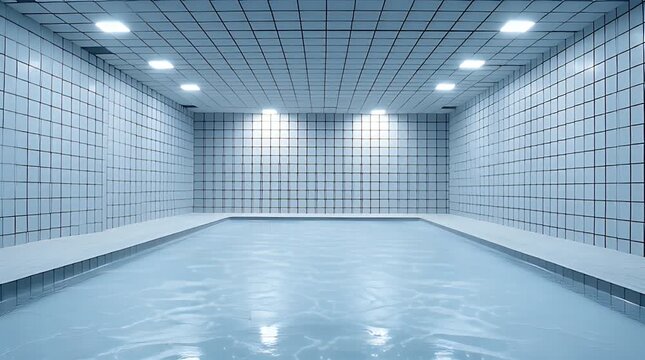 Bright blue water in a stark, tiled room with grid ceiling and diffused light reflects on the gently rippling surface