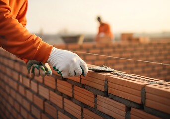 Mason laying bricks with trowel and mortar construction