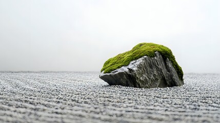 Minimalistischer Zen-Garten mit Baum im Nebel
