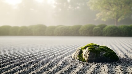 Minimalistischer Zen-Garten mit Baum im Nebel
