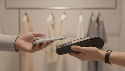 Hands holding a smartphone to a pos terminal for a wireless transaction, representing modern checkout experiences, digital purchasing, and online shopping convenience in a retail environment