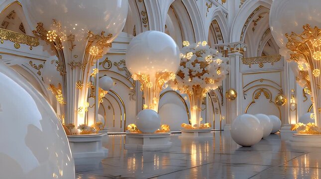 Ornate, white and gold cathedral interior with balloon orbs and decorative flower arrangements