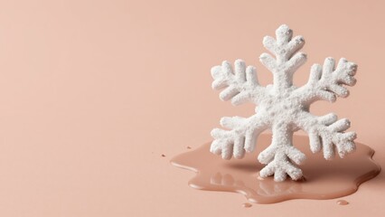 Melting snowflake with pooling water on the right side in peachy monochrome, providing a tone-on-tone treatment and space.