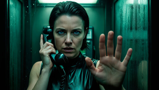 A determined woman in black leather holding a telephone receiver and gesturing stop with her hand inside an elevator