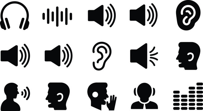 Diverse black silhouette icons illustrating sound, audio levels, human hearing, and communication on white