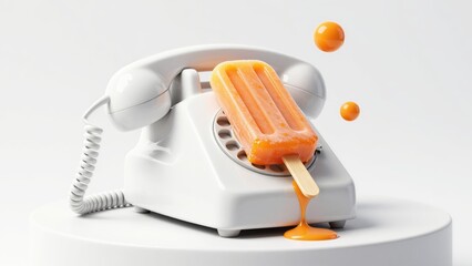Surreal 3D porcelain telephone with a handset transformed into a melting tangerine-orange popsicle, featuring floating orange bubbles and a high-gloss finish in a white-on-white studio.