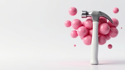 Professional 3D artwork of a white porcelain claw hammer shattering into hot-pink bubblegum spheres, set against a vast empty white background with hyper-reflective textures and soft lighting.