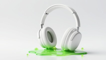 Playful 3D scene of white porcelain headphones with ear cushions melting into acid-green jelly on a reflective floor, featuring high-key lighting and ample negative space for modern branding.