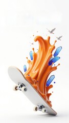 Vertical 3D minimalist skateboard in matte white porcelain with a frozen wave of electric-orange liquid and blue glass shards, featuring energetic high-contrast lighting and clean space.
