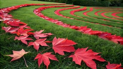 Vibrant Red Leaves Arranged in Wavy Lines on Green Background, Abstract Nature Pattern, Creative Botanical Texture, Autumn Foliage Design, Modern Organic Composition
