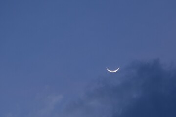half moon floating on dark blue sky in twilight background 