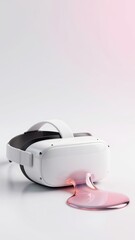 Vertical 3D surrealist VR visor in white porcelain with a flood of liquid chrome and sunset-pink jelly, featuring a clean pink gradient background and high-end futuristic studio lighting.