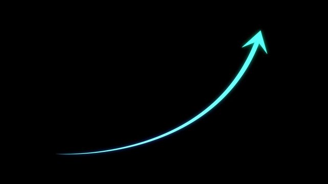 Glowing blue arrow chart with new high revenue, growth earning business success report concept, uptrend neon technology style graph raising profits market, investment price trend line animation