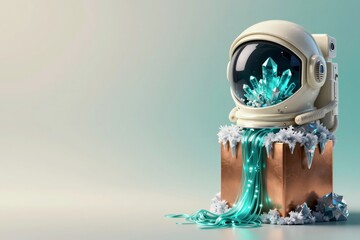 Ivory porcelain astronaut helmet with teal crystals erupting from a shattered visor onto a frosted bronze pedestal. Concept of cosmic mystery and the reclamation of technology by nature.