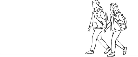 continuous line drawing of male and female high school or college students with backpacks, line art vector illustration
