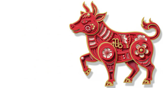 Colorful paper cut-out of a red bull symbolizing strength and prosperity for Chinese New Year with copy space