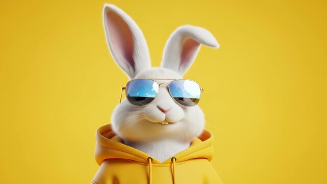 Cool Rabbit in Sunglasses and Yellow Hoodie Posing on Yellow Background.