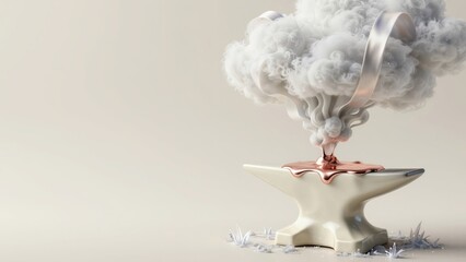 Floating cream porcelain anvil with a pool of rose-gold releasing iridescent clouds and silk ribbons. Concept of poetic forging and the heavenly transformation of heavy labor.