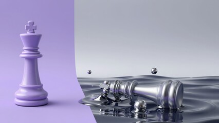Lavender porcelain Chess King melting into chrome ripples and floating silver spheres as it enters a liquid metal abyss. Concept of fading authority and the transformation of solid power.