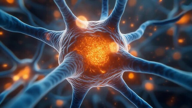 Neural network synapse firing with energy sparks and glowing particles in microscopic view