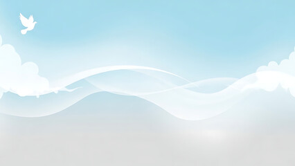 Obraz premium Peaceful blue sky background with soft white clouds and flying bird silhouette for copy space use