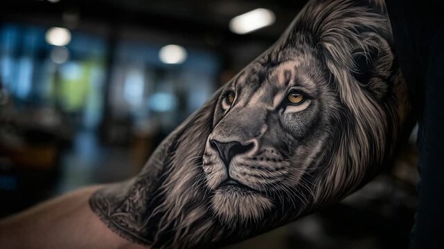 Close-up of a realistic black and grey realism tattoo on a man&rsquo;s forearm, detailed lion portrait with intense eyes, fine fur texture and smooth shading, skin pores visible, natural