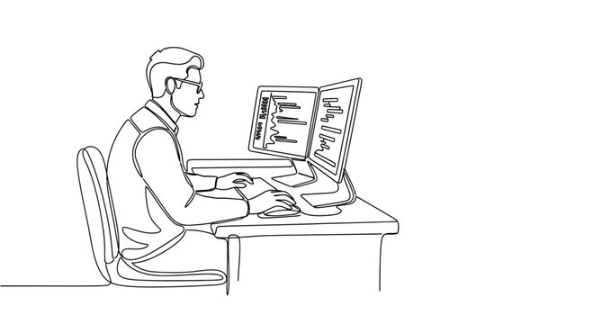 Man working on computer at desk illustration.