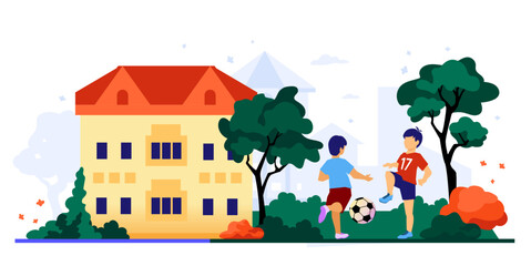 Boys Playing Football - colorful flat design illustration