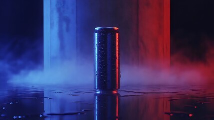 Chilled Beverage Can in Dynamic Neon Lighting and Mist