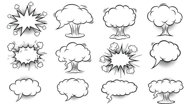 Collection of dramatic comic book style explosion clouds and smoke bursts in black and white with halftone texture.